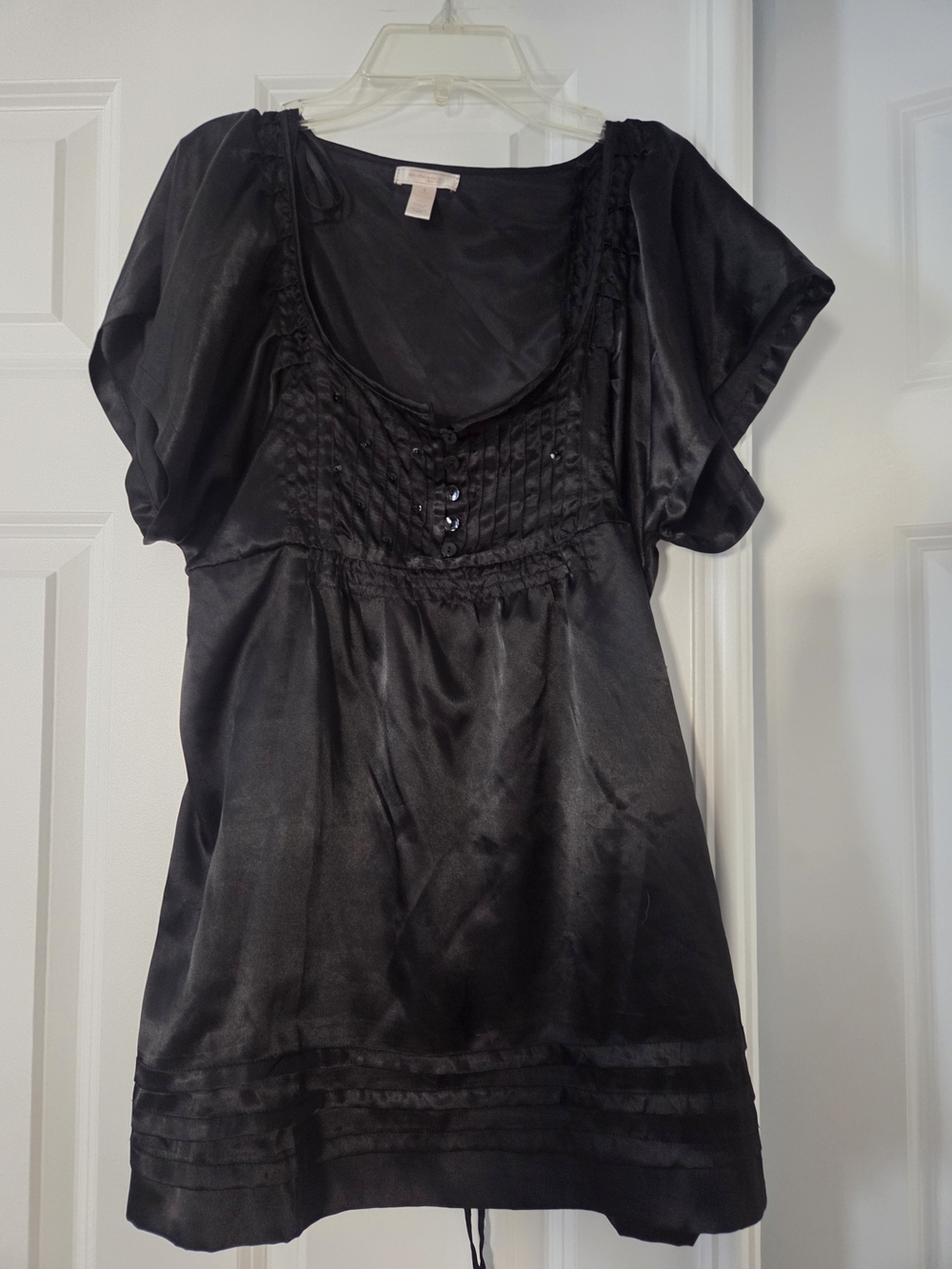 Black Satin Short-Sleeve Scoop Neck Blouse